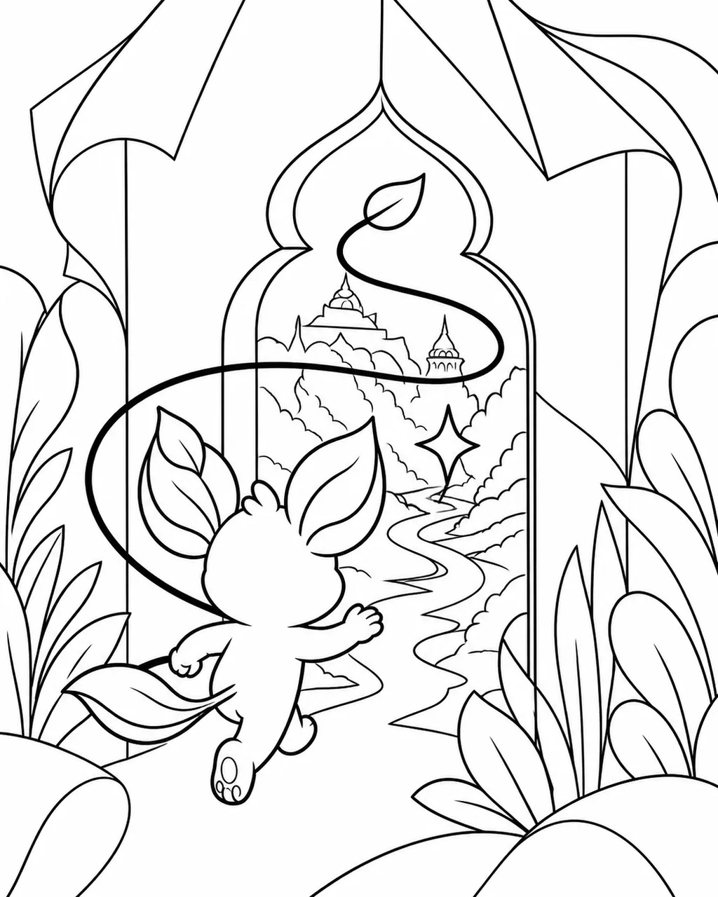 Black-and-white coloring page of Nilo following a story spark through a folded-paper doorway