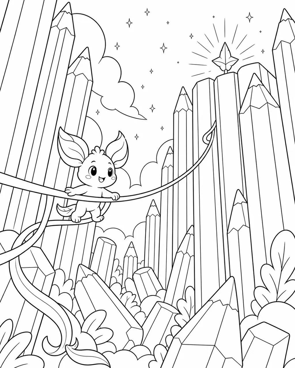 Black-and-white coloring page of tiny Nilo crossing a ribbon bridge through an enormous pencil canyon