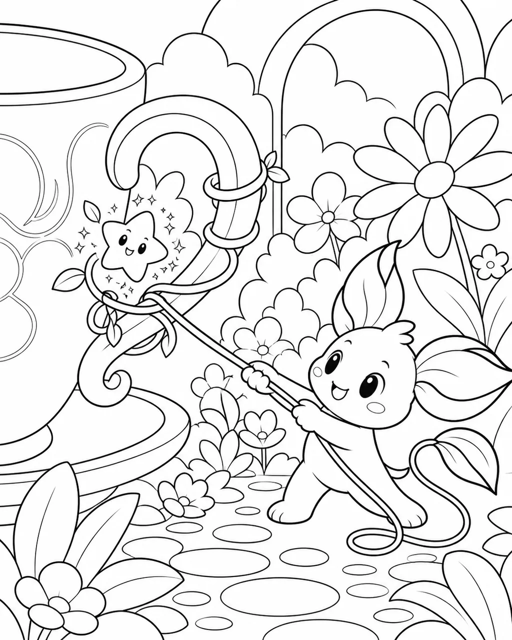 Black-and-white coloring page of Nilo freeing a story spark from vines around a giant teacup