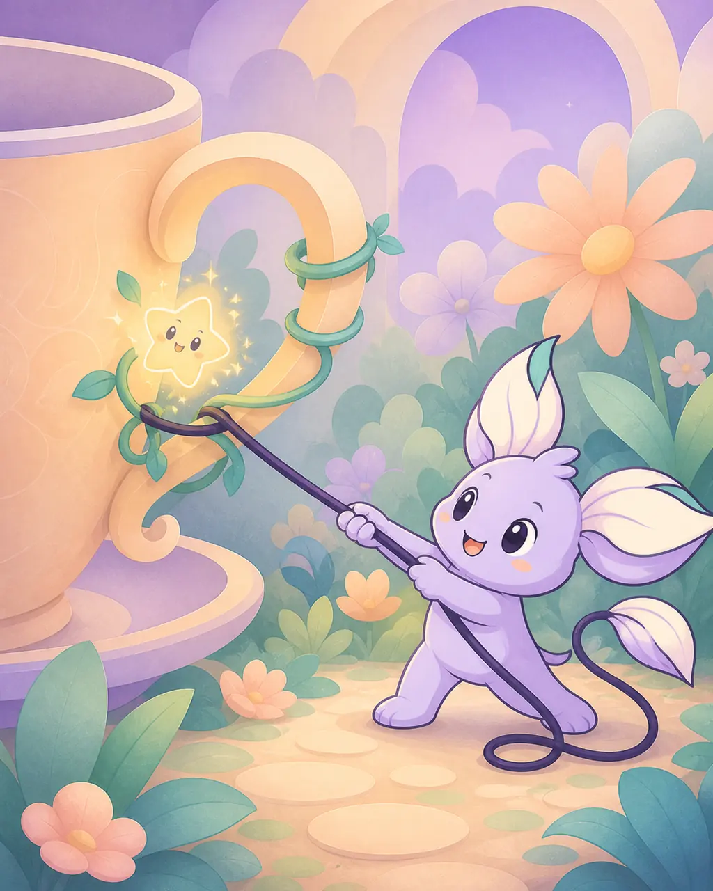 Nilo frees a golden story spark from mint vines around a giant peach teacup in a colorful miniature garden