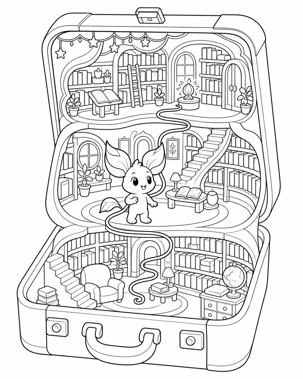 Black-and-white coloring page of Nilo searching connected rooms inside a miniature suitcase library