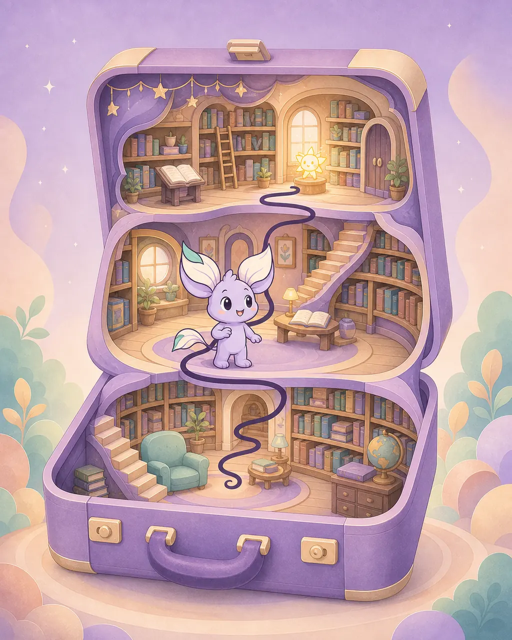 Nilo searches connected miniature library rooms inside an open lavender suitcase for a glowing story spark