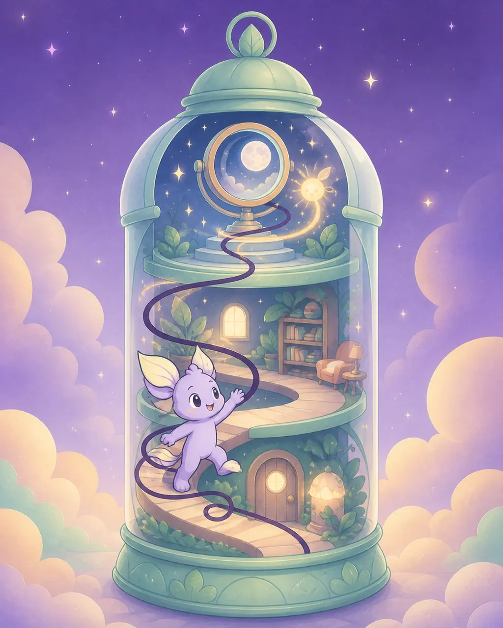 Nilo climbs through stacked rooms inside a mint lantern observatory toward a golden spark near the top