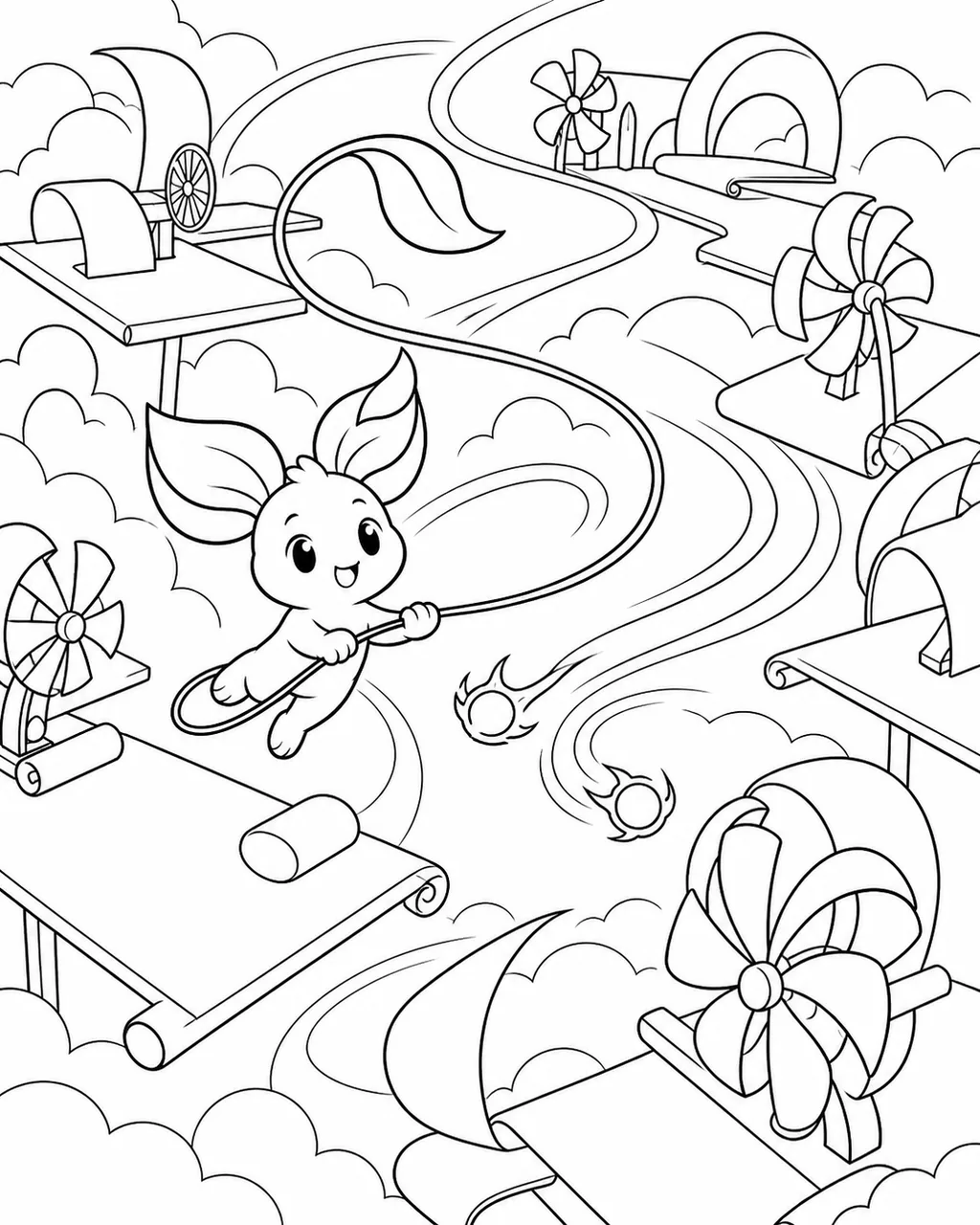 Black-and-white coloring page of Nilo sailing through a cloud workshop while chasing story sparks