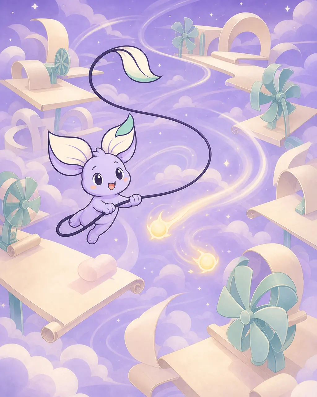 Nilo sails on the dark-plum ribbon through a pastel cloud workshop while chasing two bright story sparks
