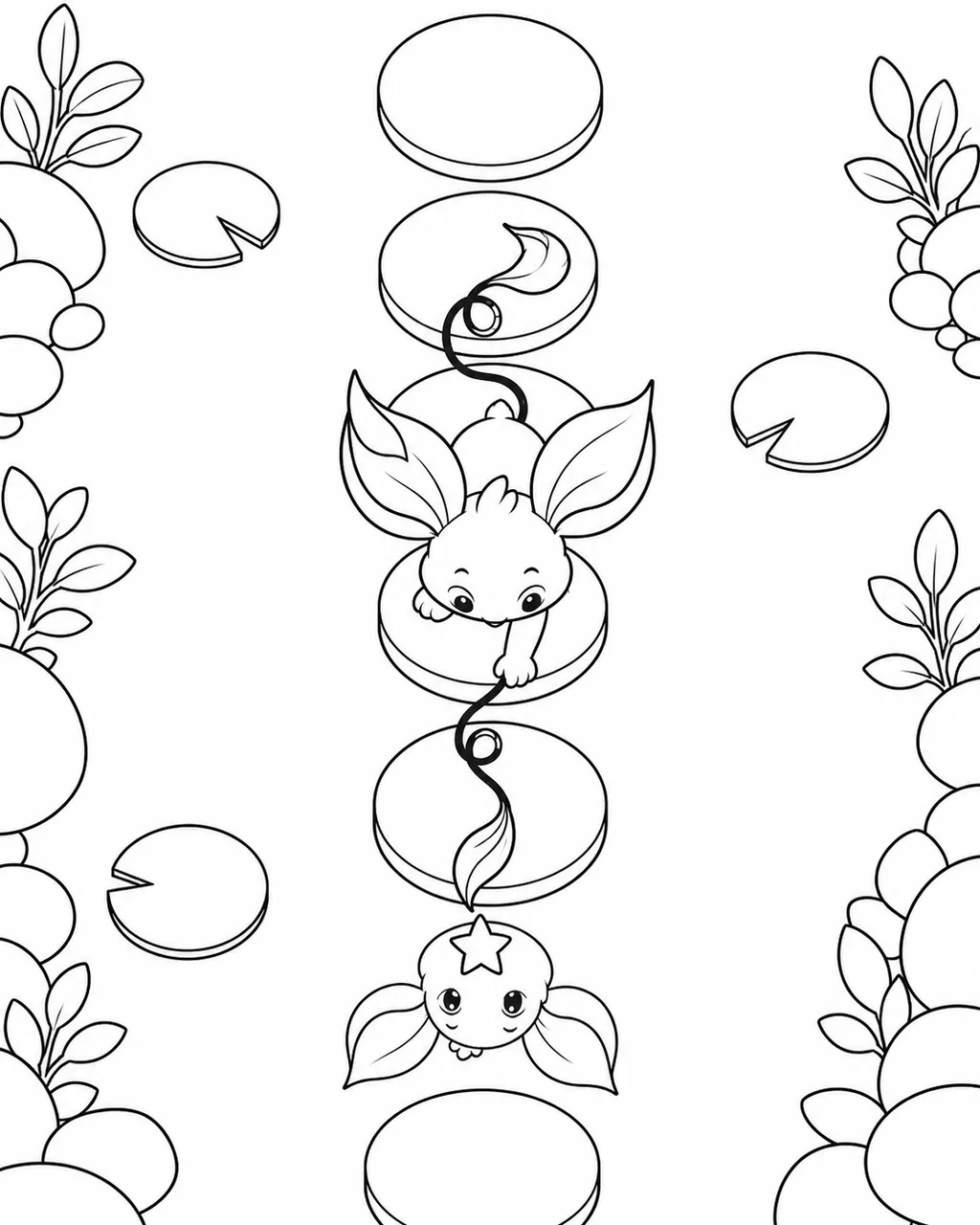 Black-and-white coloring page of Nilo crossing moonlit stepping stones toward a story spark