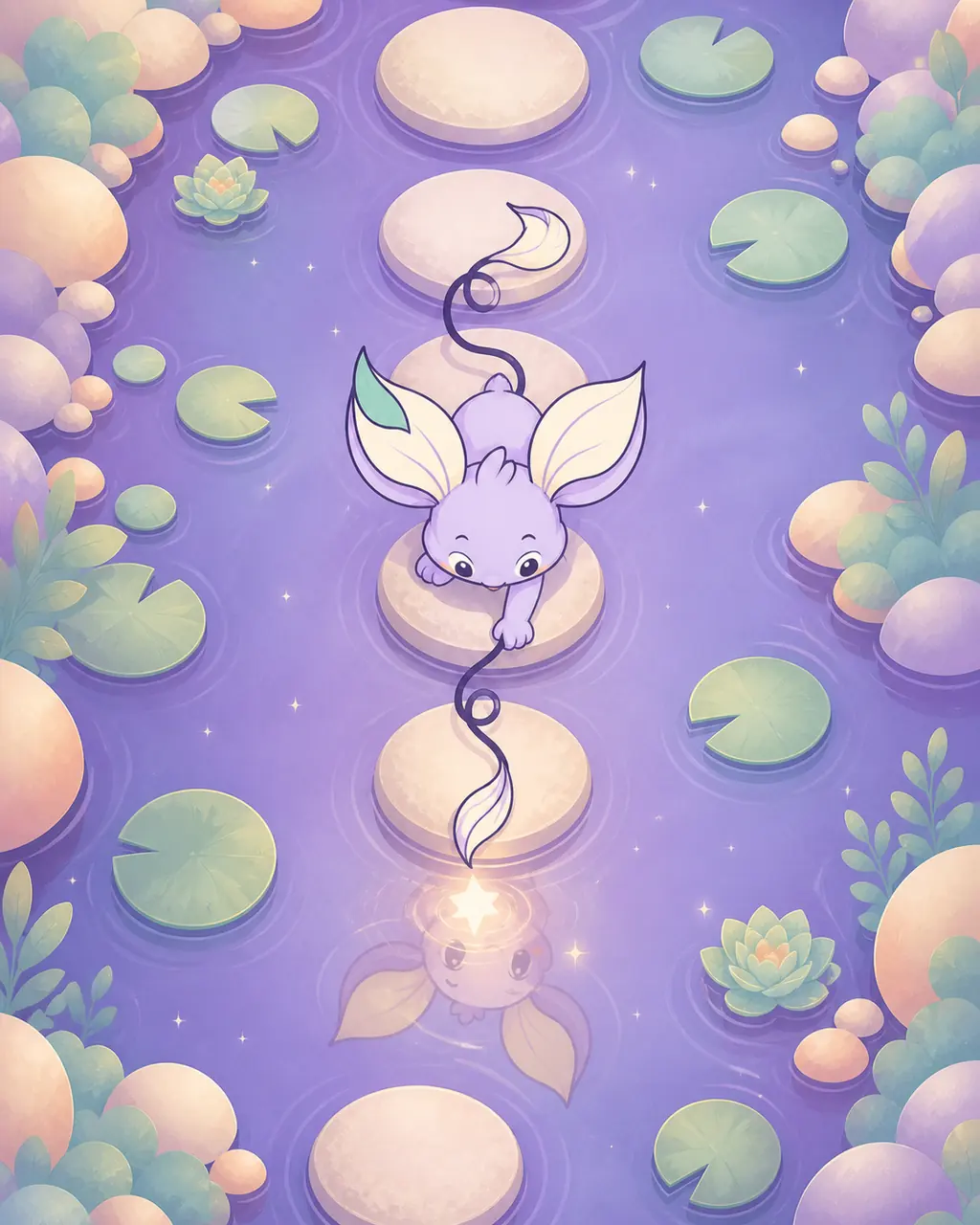Top-down view of Nilo crossing moonlit stones and reaching toward a reflected spark in a lavender pool