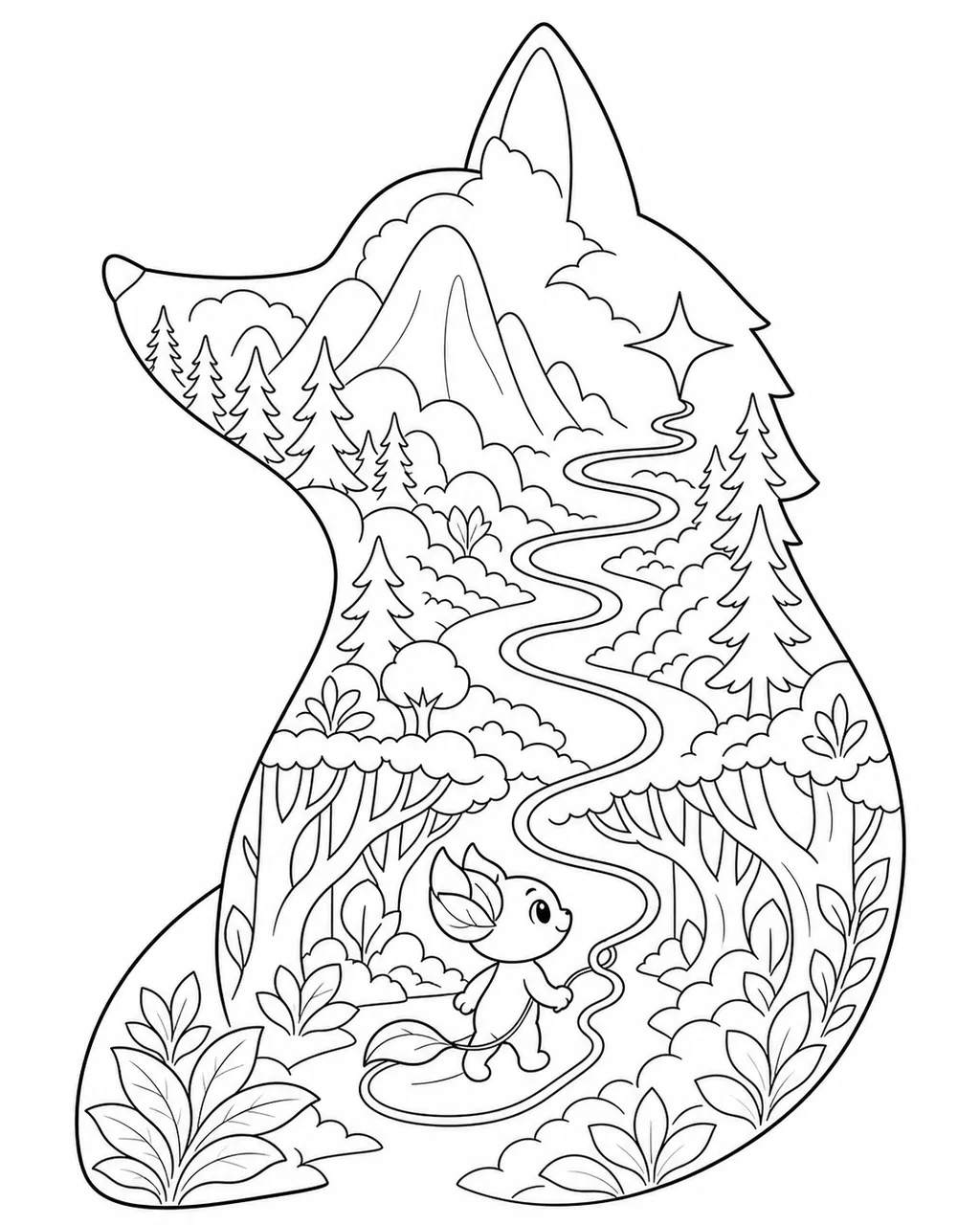 Black-and-white coloring page of Nilo following a ribbon through a forest held inside a fox silhouette