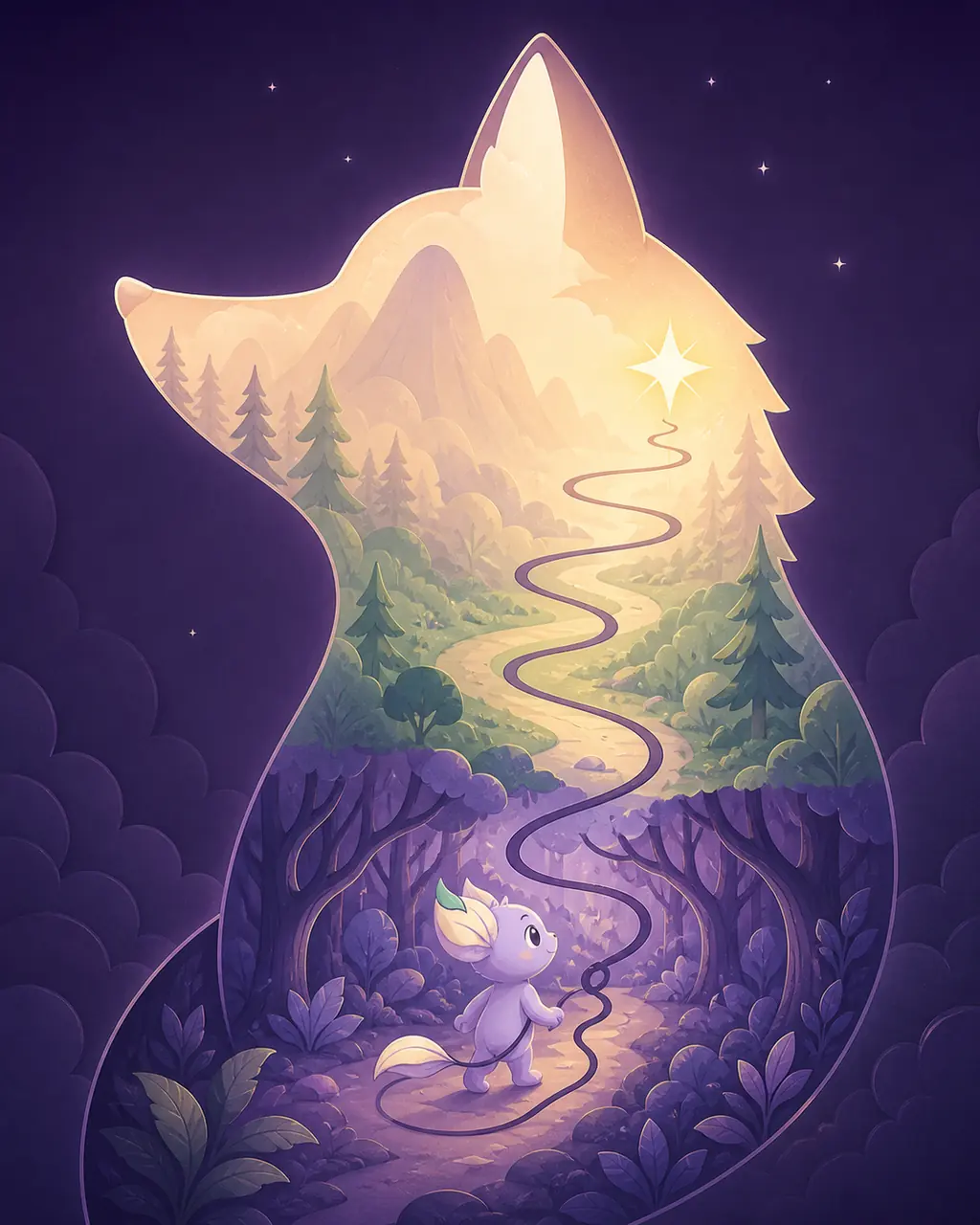 Nilo follows a luminous ribbon path through a giant fox-shaped forest silhouette filled with pastel scenery
