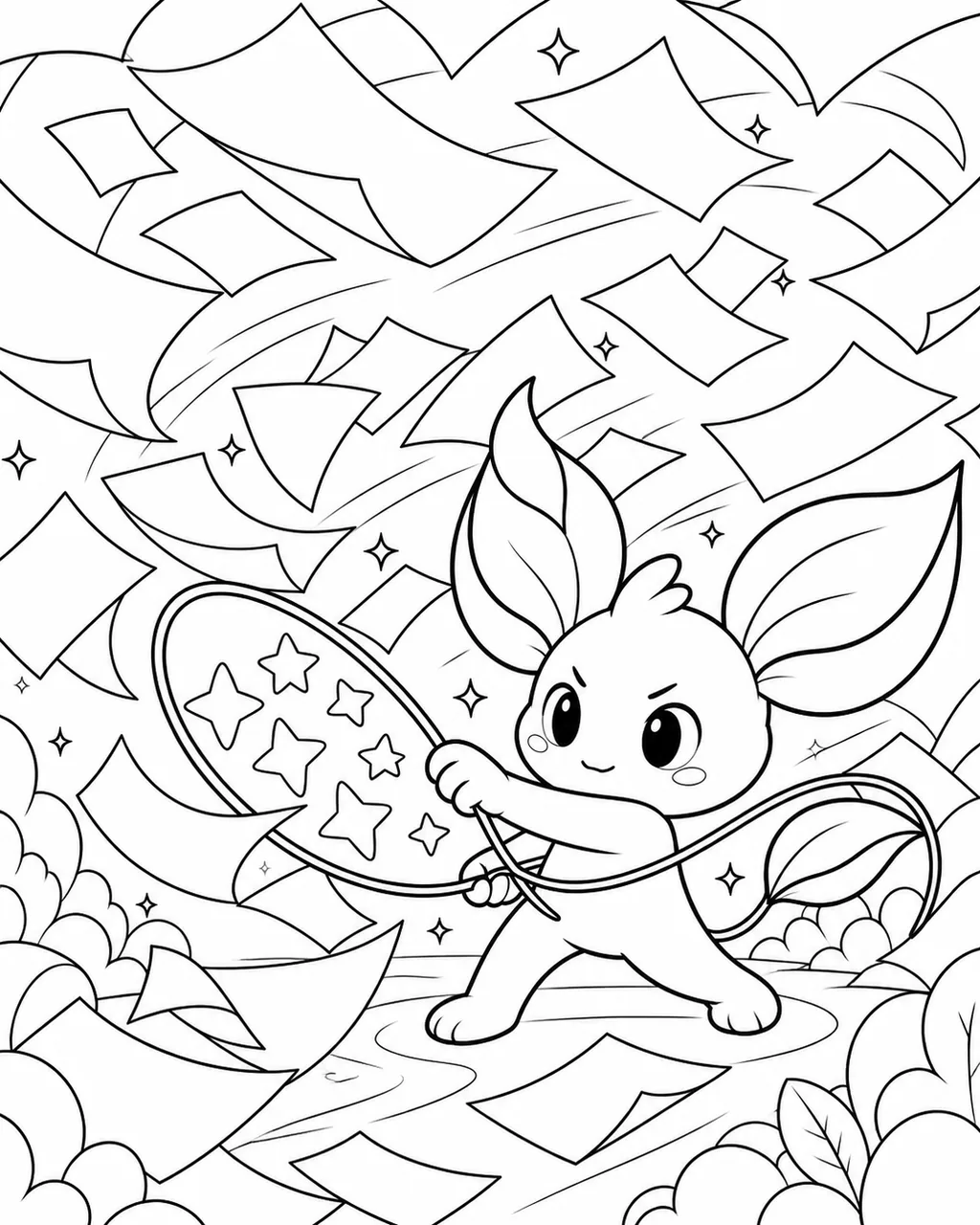 Black-and-white coloring page of Nilo protecting story sparks from a swirling paper storm