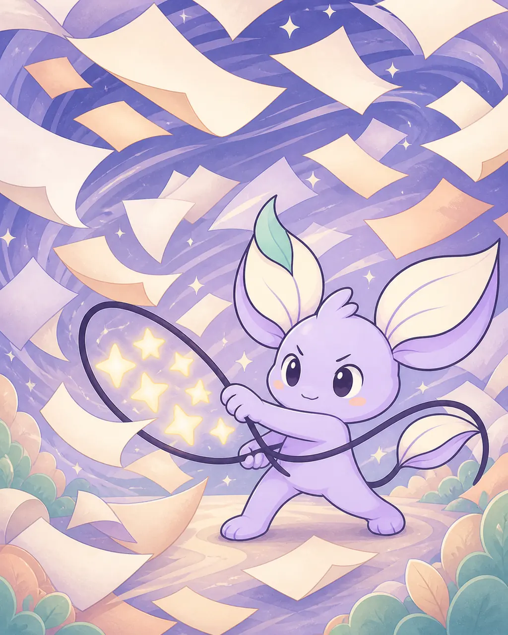 Close action view of Nilo shielding gathered golden sparks from a swirling pastel paper storm with the ribbon