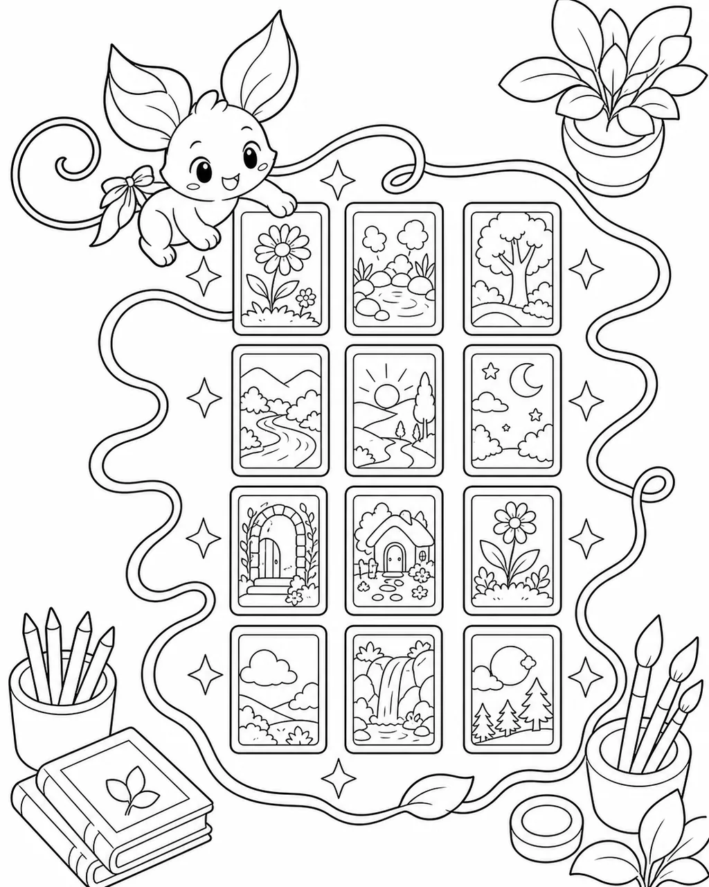 Black-and-white coloring page of Nilo arranging twelve story cards into a three-by-four sequence