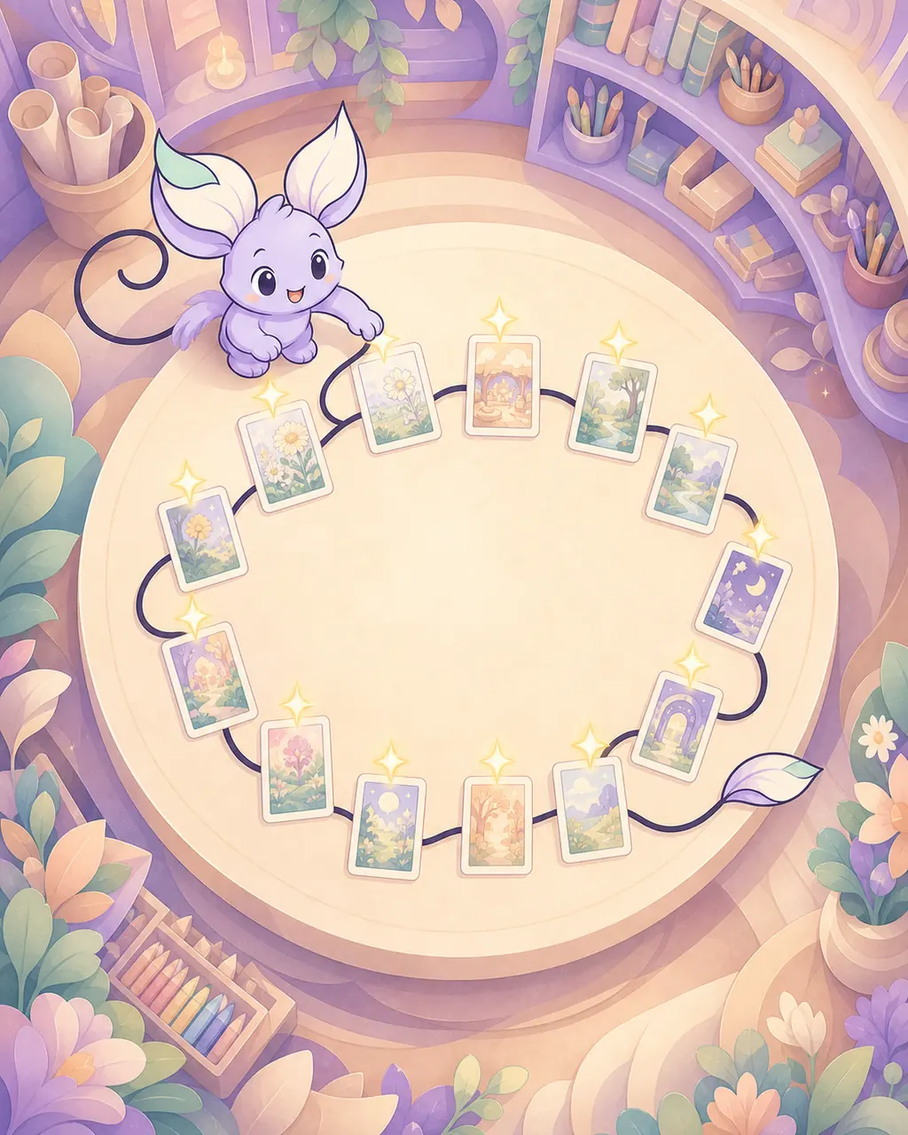Overhead view of Nilo arranging twelve glowing illustrated story cards along a flowing dark-plum ribbon
