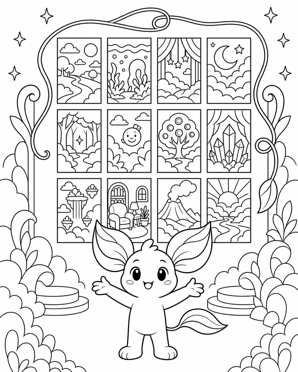 Black-and-white coloring page of Nilo welcoming the viewer before a three-by-four display of twelve story scenes