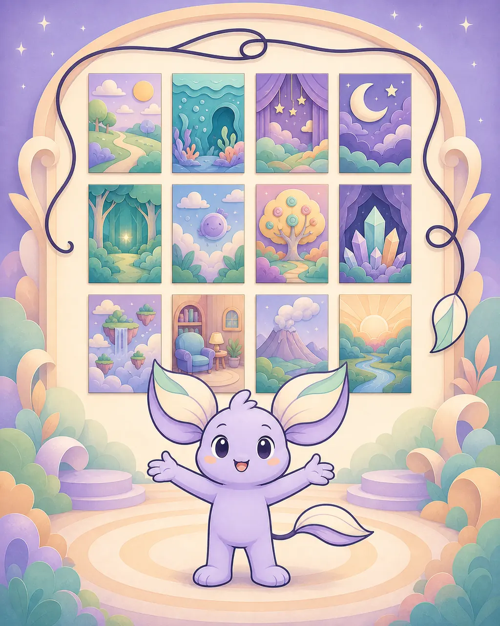 Nilo welcomes the viewer and presents a complete ribbon of twelve colorful story cards in the glowing studio