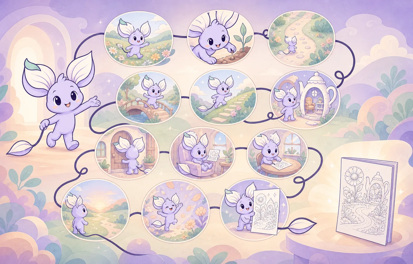Nilo guides one story ribbon through changing scenes toward a completed booklet