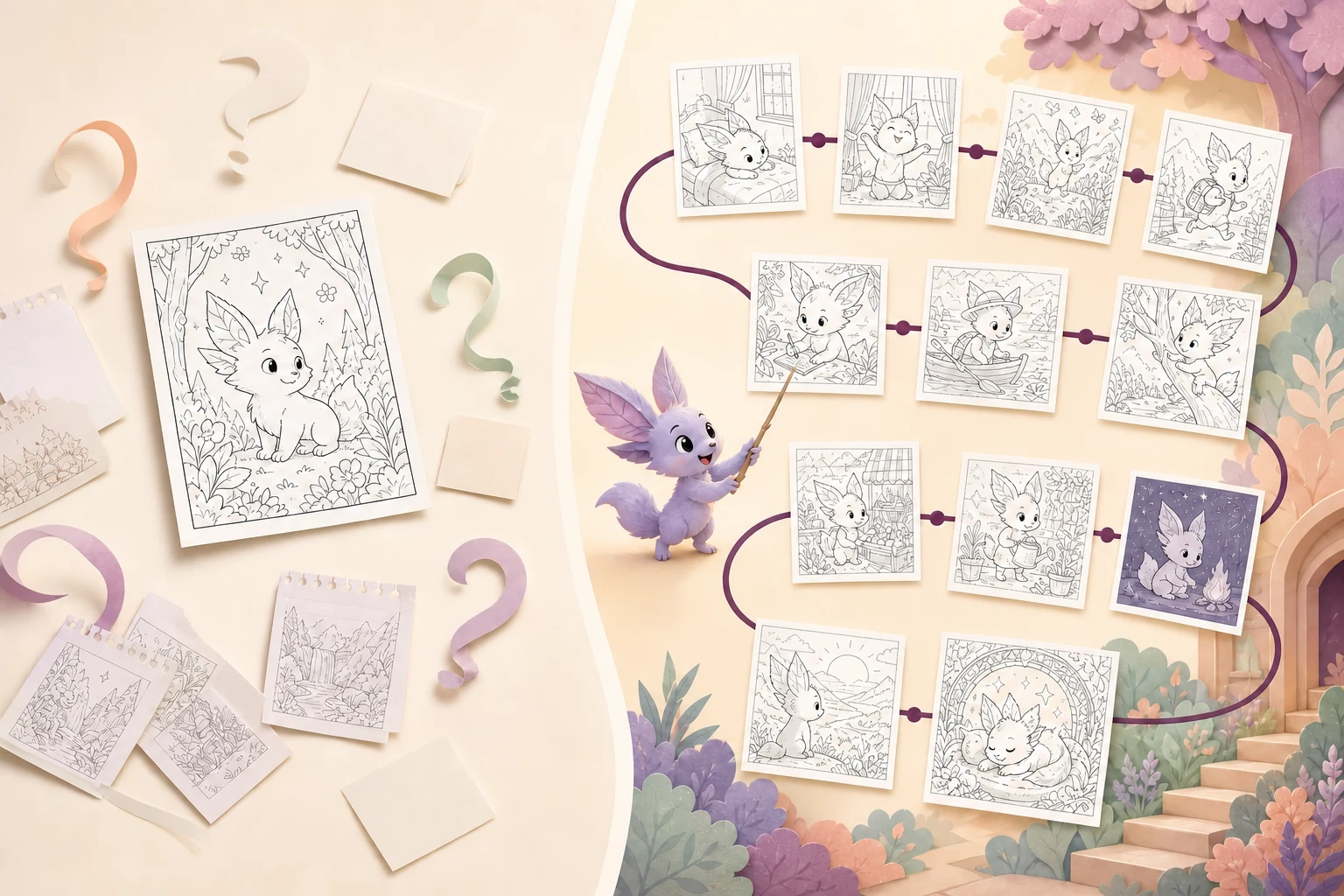 One-off coloring output compared with a planned 12-scene visual journey