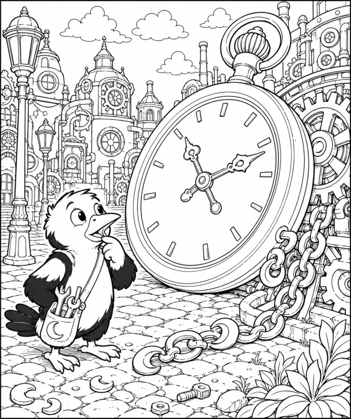 Bird hero enters the first clockwork coloring-story scene