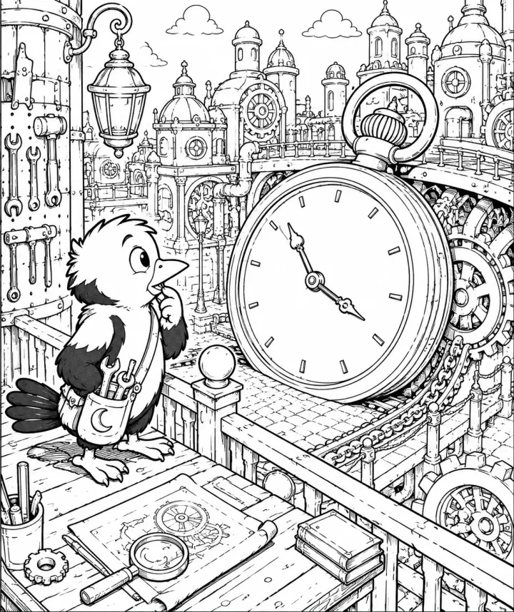 Bird hero investigates an oversized clock mechanism from a new angle