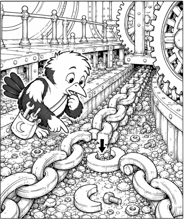 Bird hero reaches a later clockwork scene with a distinct composition