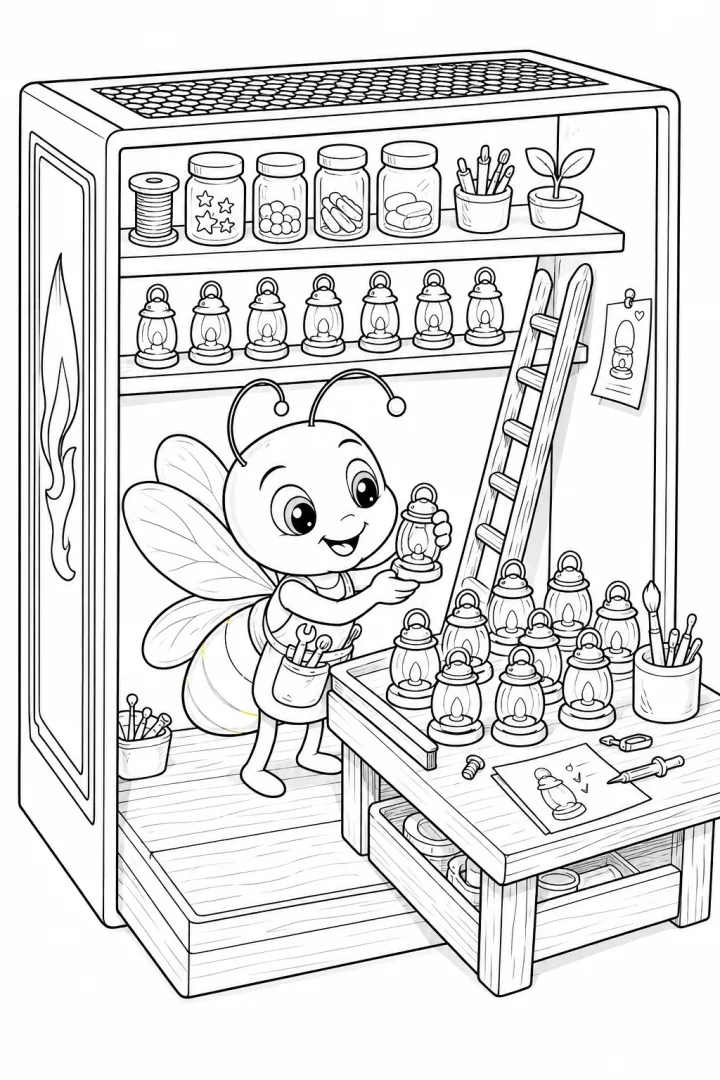 A tiny character explores a tall cabinet transformed into a playful coloring studio