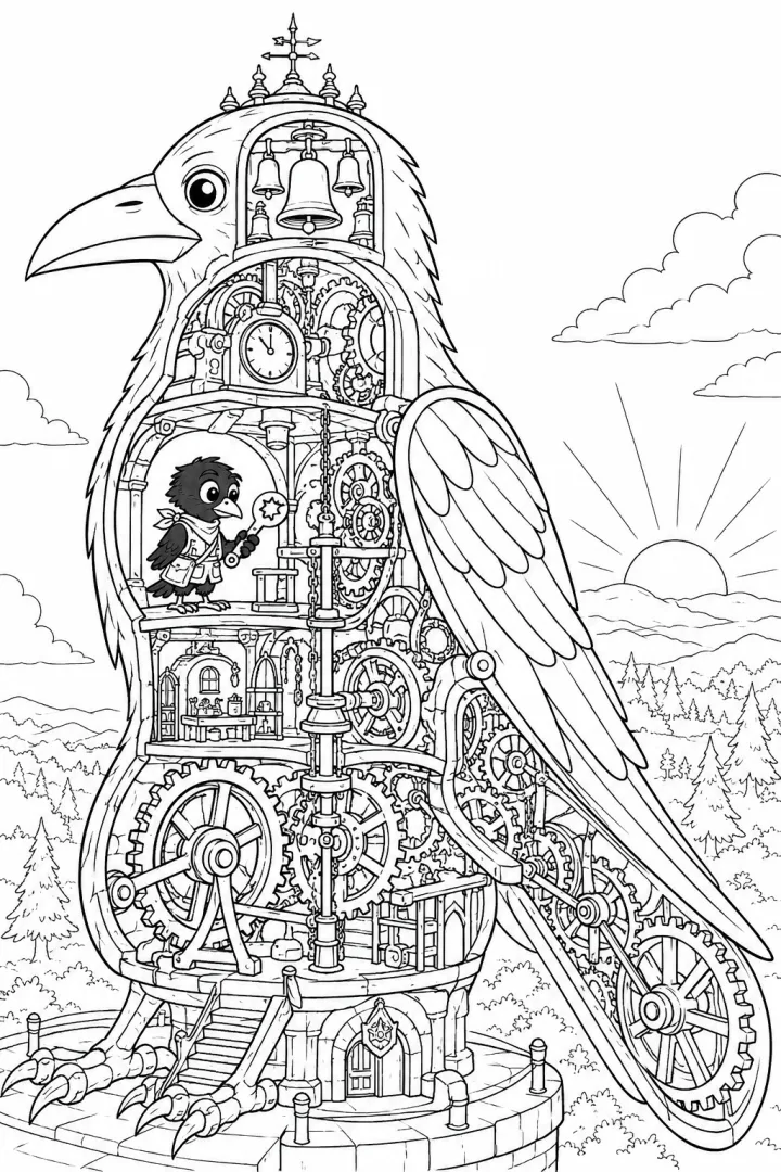 A bold bird silhouette contains a detailed clockwork journey with linked interior scenes