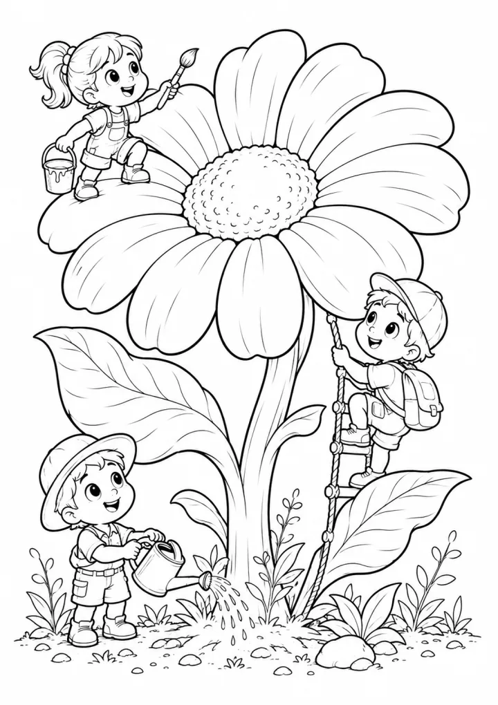 Small friends solve a visible problem together around one towering flower in a garden