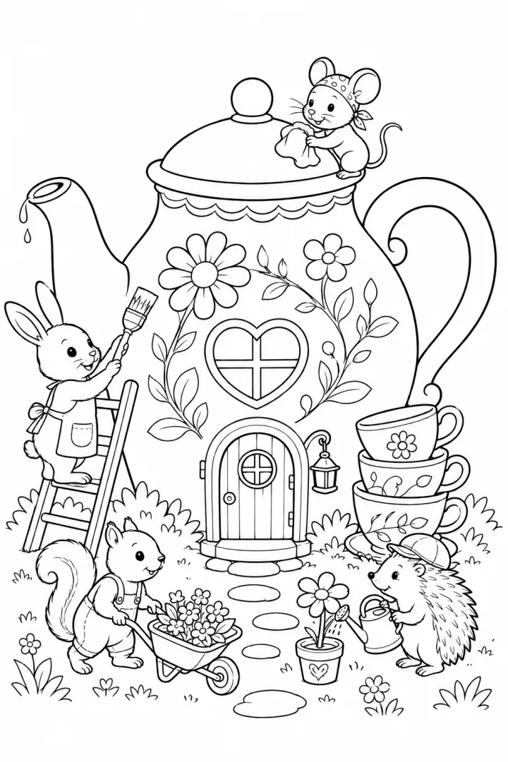 A large teapot becomes a whimsical garden home with linked rooms and tiny characters