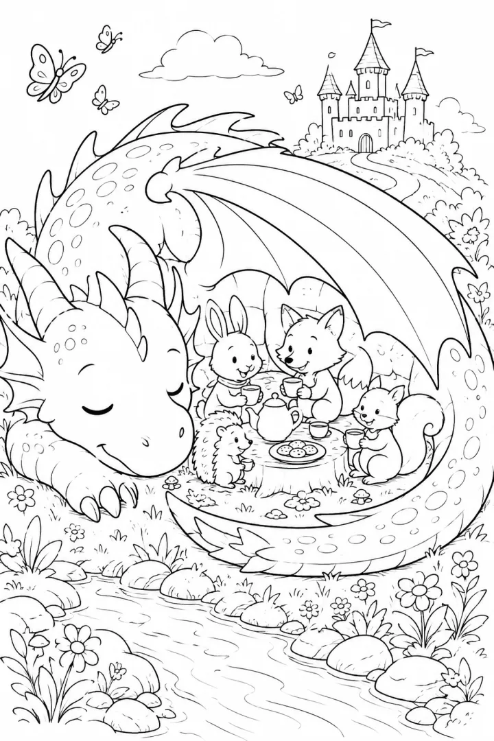 A dramatic dragon-shaped silhouette holds a winding fantasy landscape and layered story path