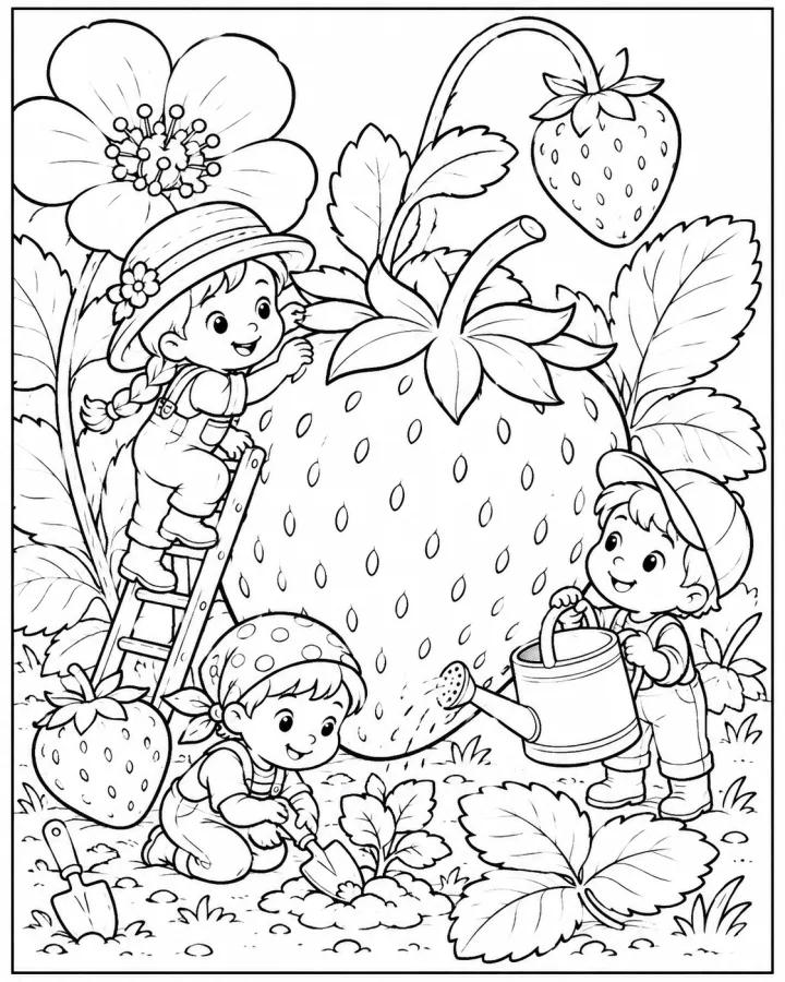 Tiny garden characters tend one enormous strawberry through broad shapes and clear actions