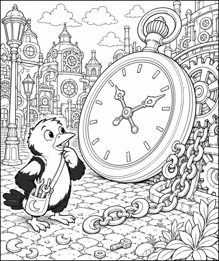 A small bird explores a city of oversized clocks and gears from a dramatic viewpoint